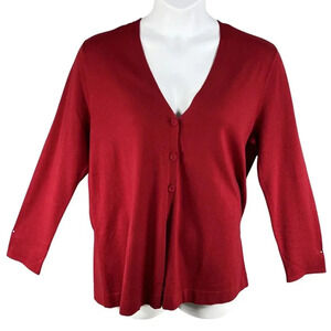 J. Jill Womens L Red Wool Blend 3 Button Cardigan Sweater Quiet Luxury Timeless